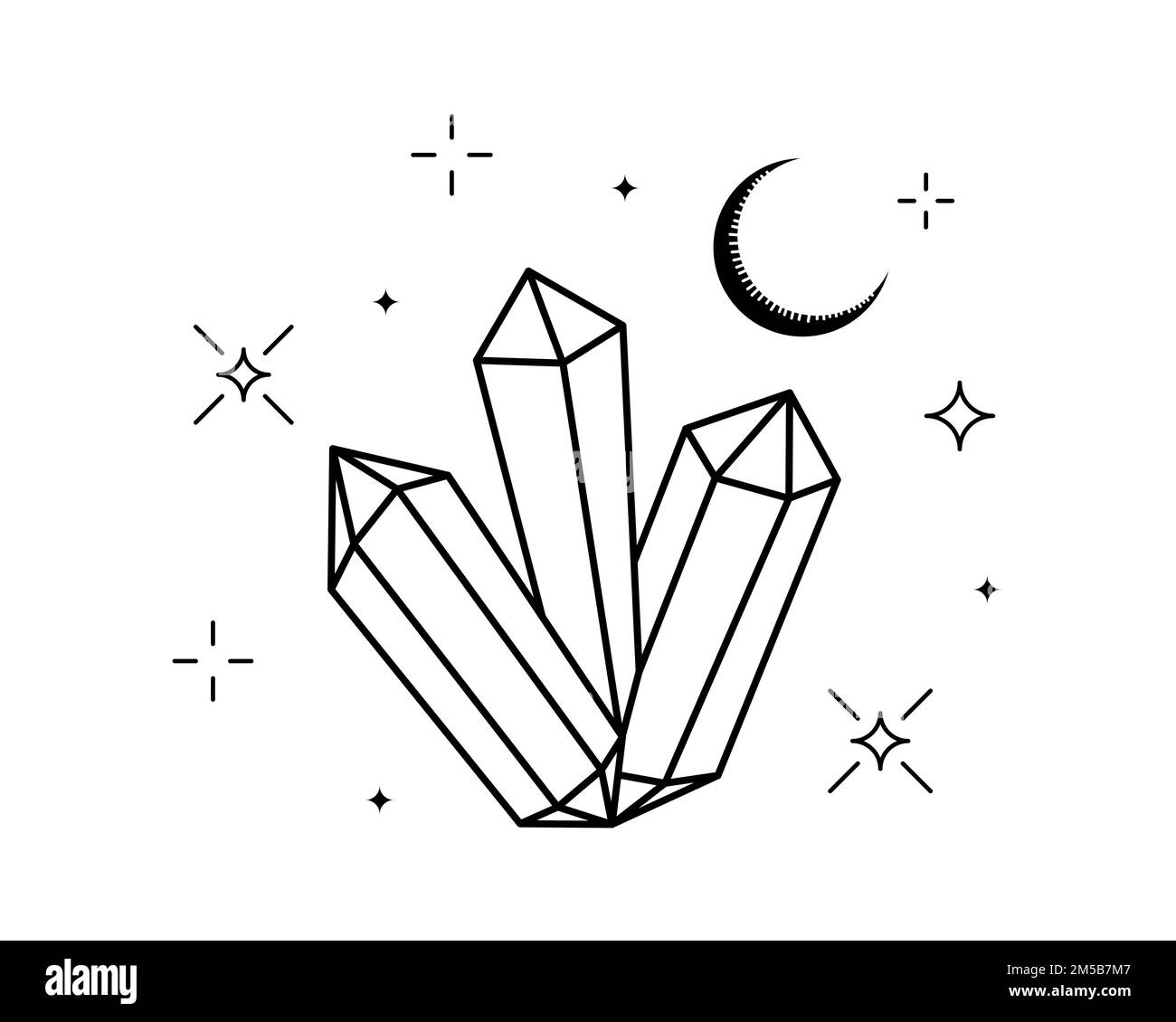 Crystal and stars with mystical moon. Linear astrology symbol. Spirituality gem stone with crescent. Magic or healing mineral. Outline esoteric vector eps illustration Stock Vector