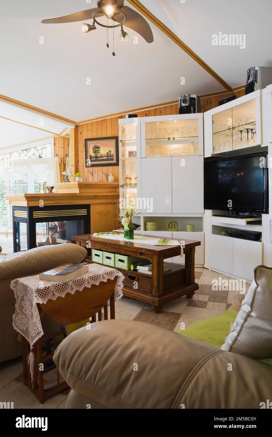 White gloss finish laminated wall unit and gas fireplace between dining
