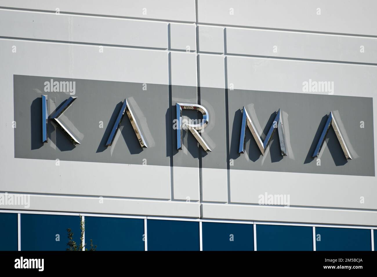Signage of the Karma Innovation and Customization Center on Friday, Nov. 18, 2022, in Moreno Valley, Calif. (Dylan Stewart/Image of Sport) Stock Photo