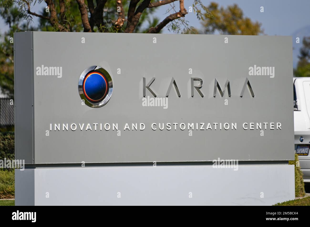 Signage of the Karma Innovation and Customization Center on Friday, Nov. 18, 2022, in Moreno Valley, Calif. (Dylan Stewart/Image of Sport) Stock Photo