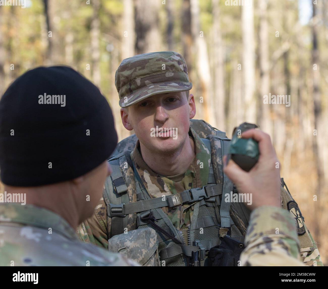 Cadet Peter O’Donohue, College of William & Mary, identifies the M67 fragmentation grenade during the Land Navigation event at 4th Brigade’s Army ROTC Ranger Challenge on February 19, 2022. Thirty-eight teams met at Fort A.P. Hill, Va. to be tested both physically and mentally throughout the challenge. The top two teams will go on to compete in the Sandhurst Military Skills Competition at West Point Military Academy in April 2022. | Photo by Sarah Windmueller, U.S. Army Cadet Command Public Affairs Stock Photo