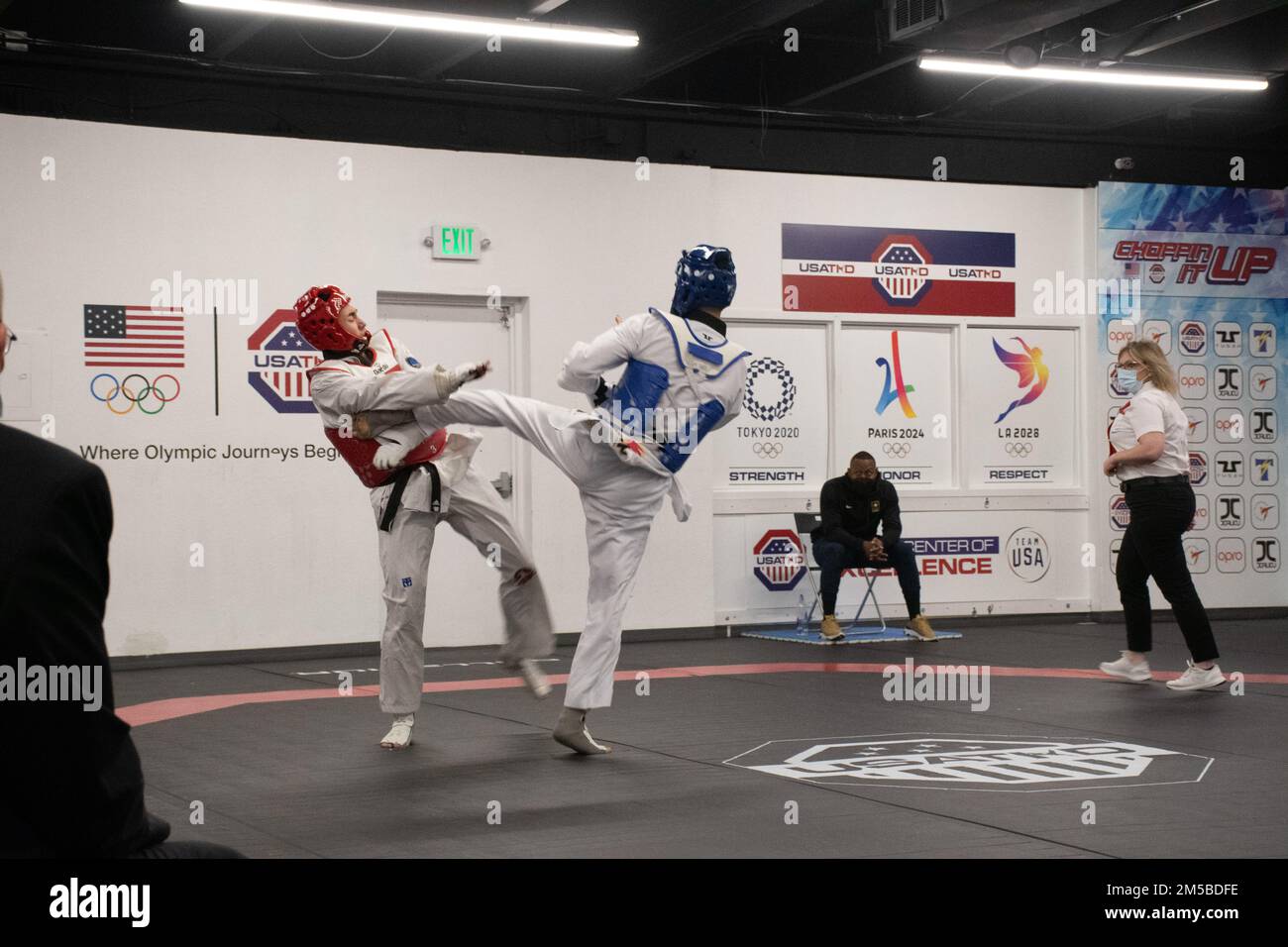 Spc. Josh Liu competes at the Collegiate Team Trials to compete for a spot at the 31st Summer World University Games, Chengdu, China during a competition at the USA Taekwondo National Center of Excellence, February 26-27, 2022. Liu defeated both opponents and qualified for the games during the competition. Stock Photo