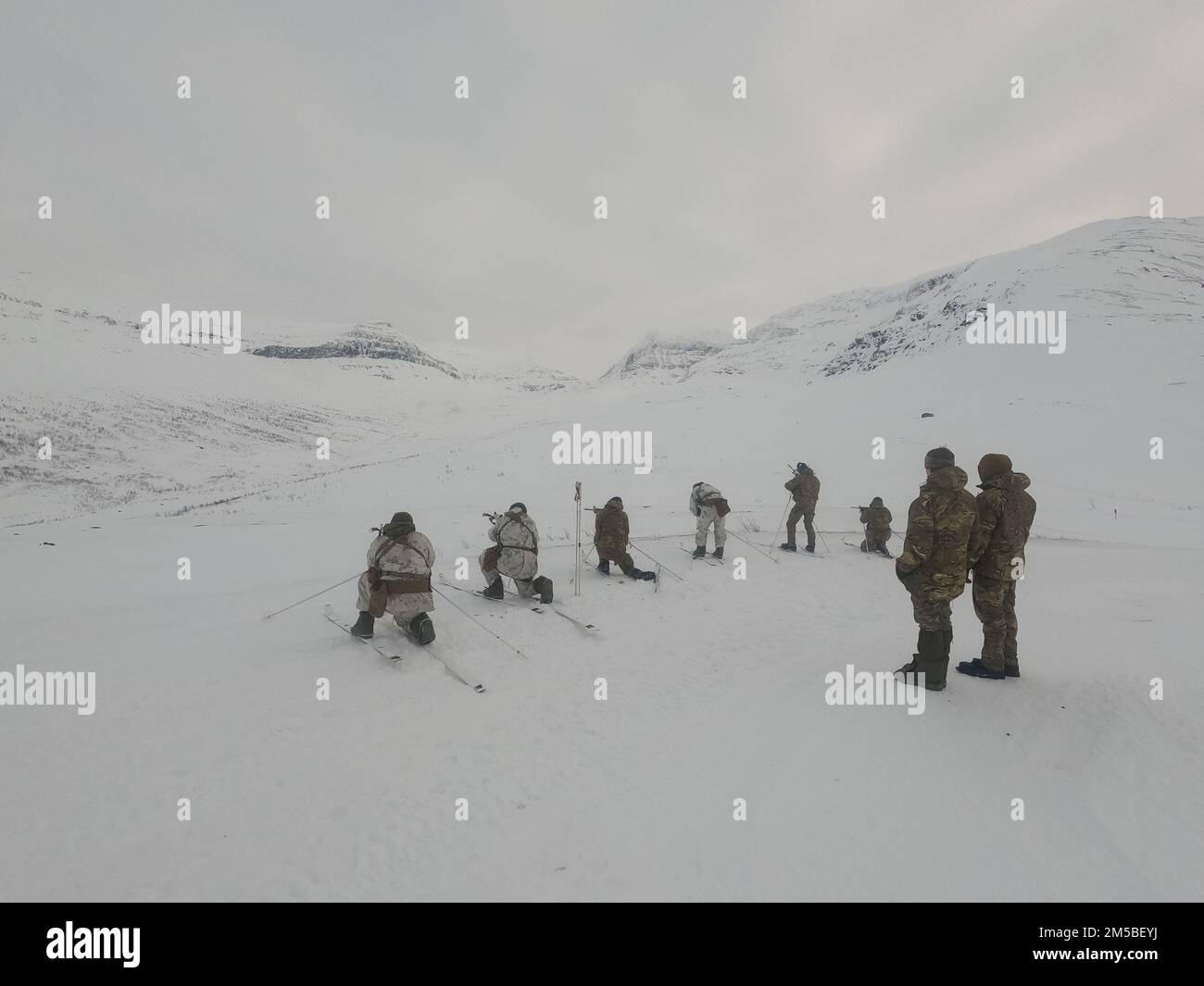 U.S. Marines with 2nd Air Naval Gunfire Liaison Company (ANGLICO), II Marine Expeditionary Force Information Group, prepare for Exercise Cold Response 2022 (Ex CR22). 2nd ANGLICO Marines integrated with the United Kingdom’s 29 Commando Regiment  for artillery and aviation fire support and arctic patrolling training in Norway. The 2nd ANGLICO Marines take part in contact drills. This training increased operability between the USMC’s all-domain liaison force and the UK’s Commando forces. Ex CR22 is a biennial Norwegian national readiness and defense exercise that takes place across Norway, with Stock Photo