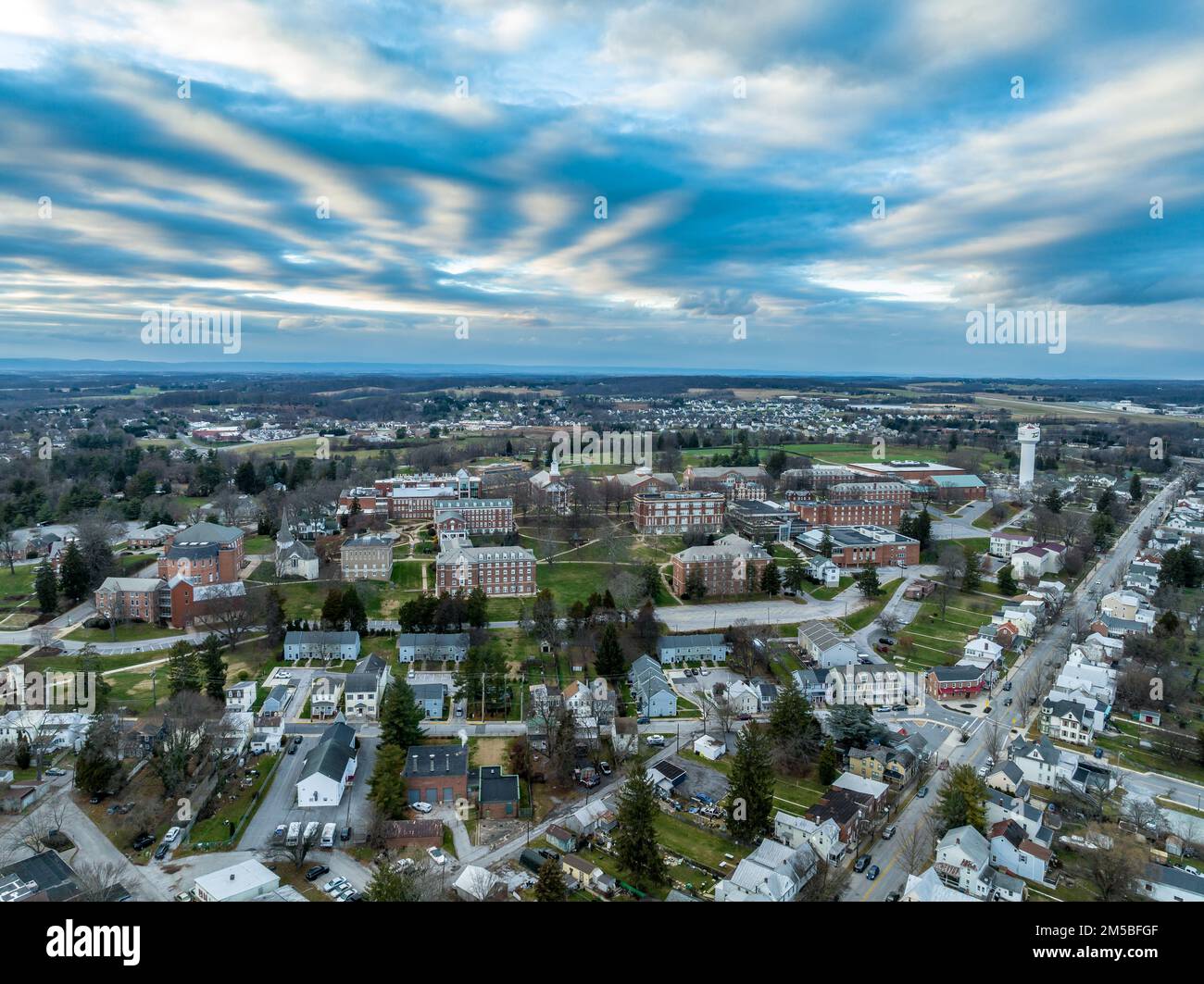 Aerial view of historic Westminster town in Carroll county Maryland