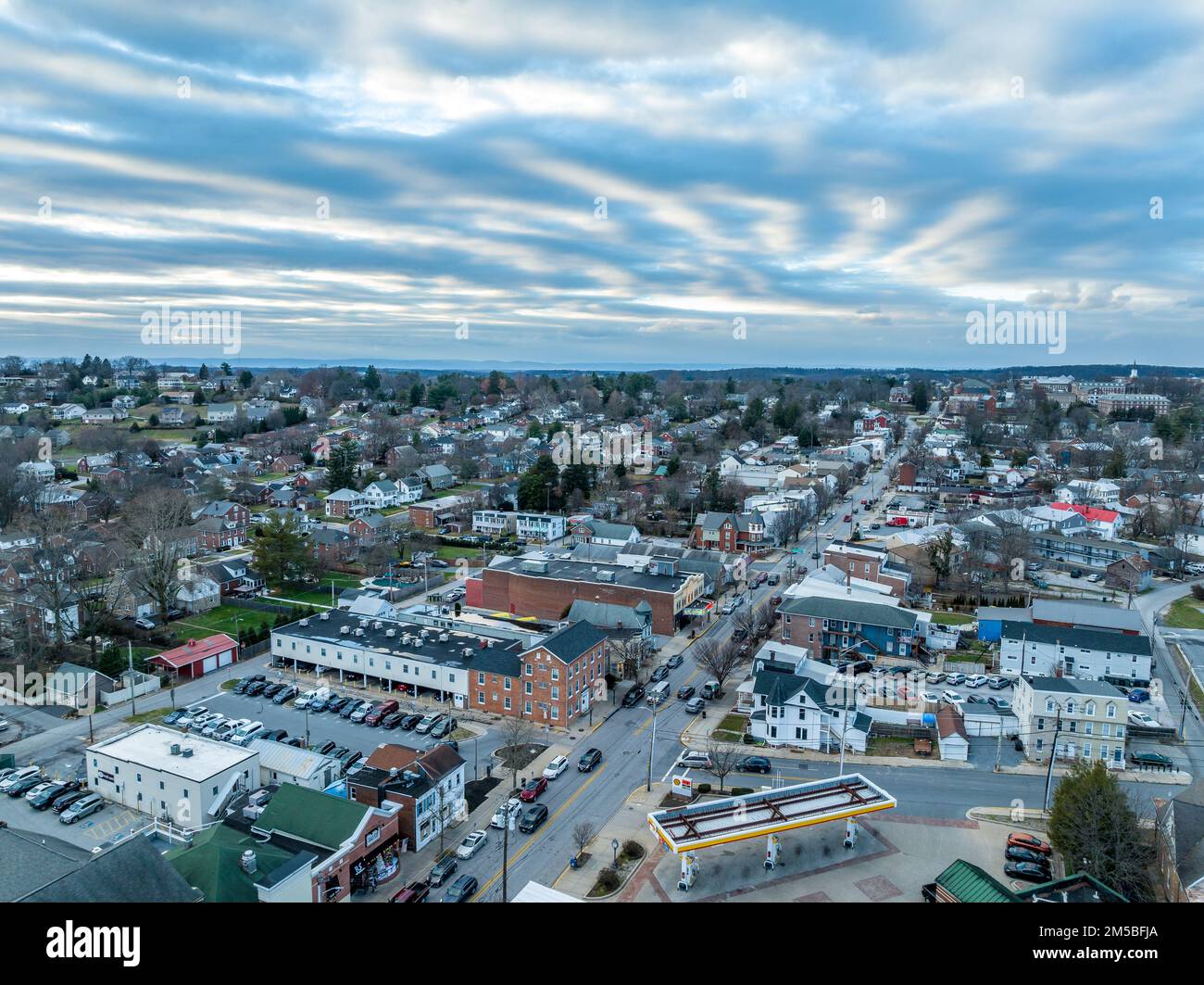 Aerial view of historic Westminster town in Carroll county Maryland with main street and McDaniel College Stock Photo