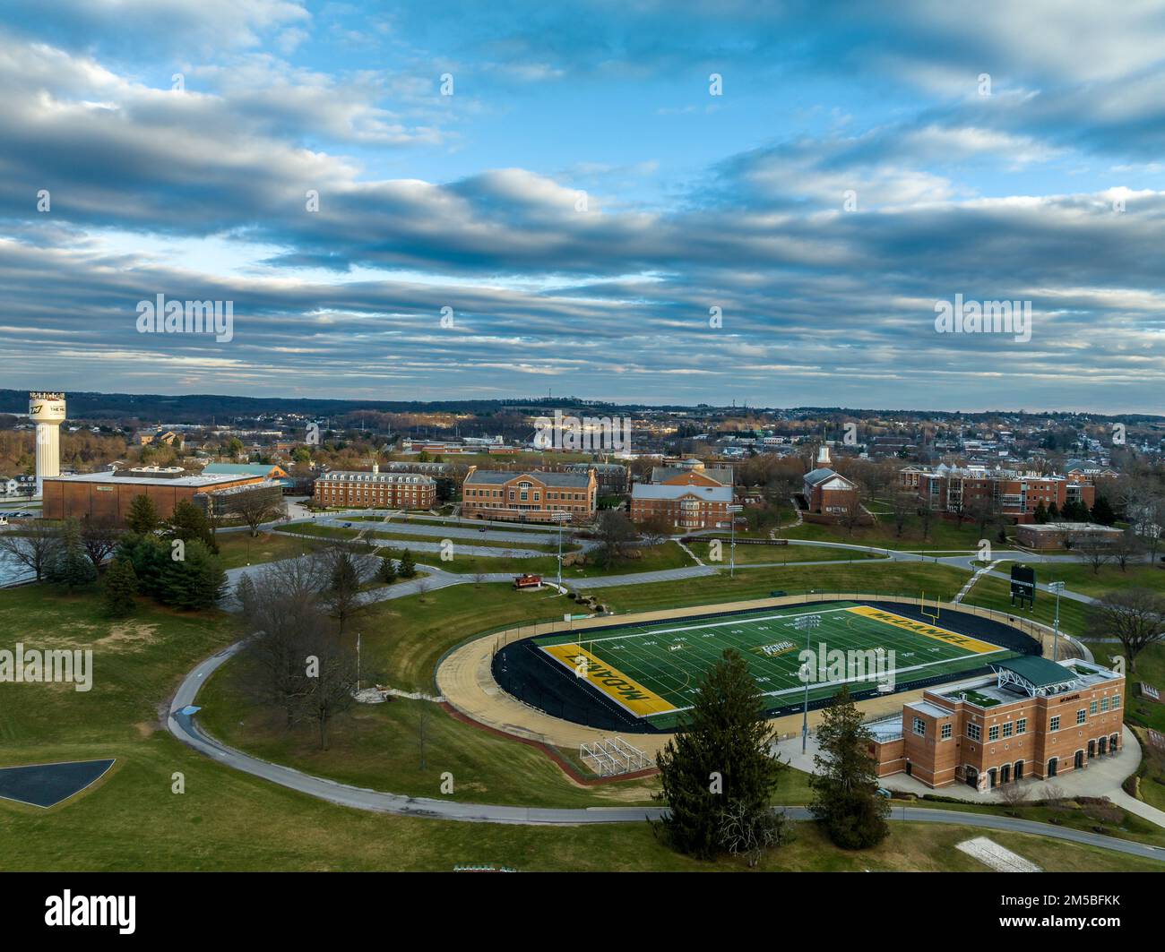 Aerial view of historic Westminster town in Carroll county Maryland