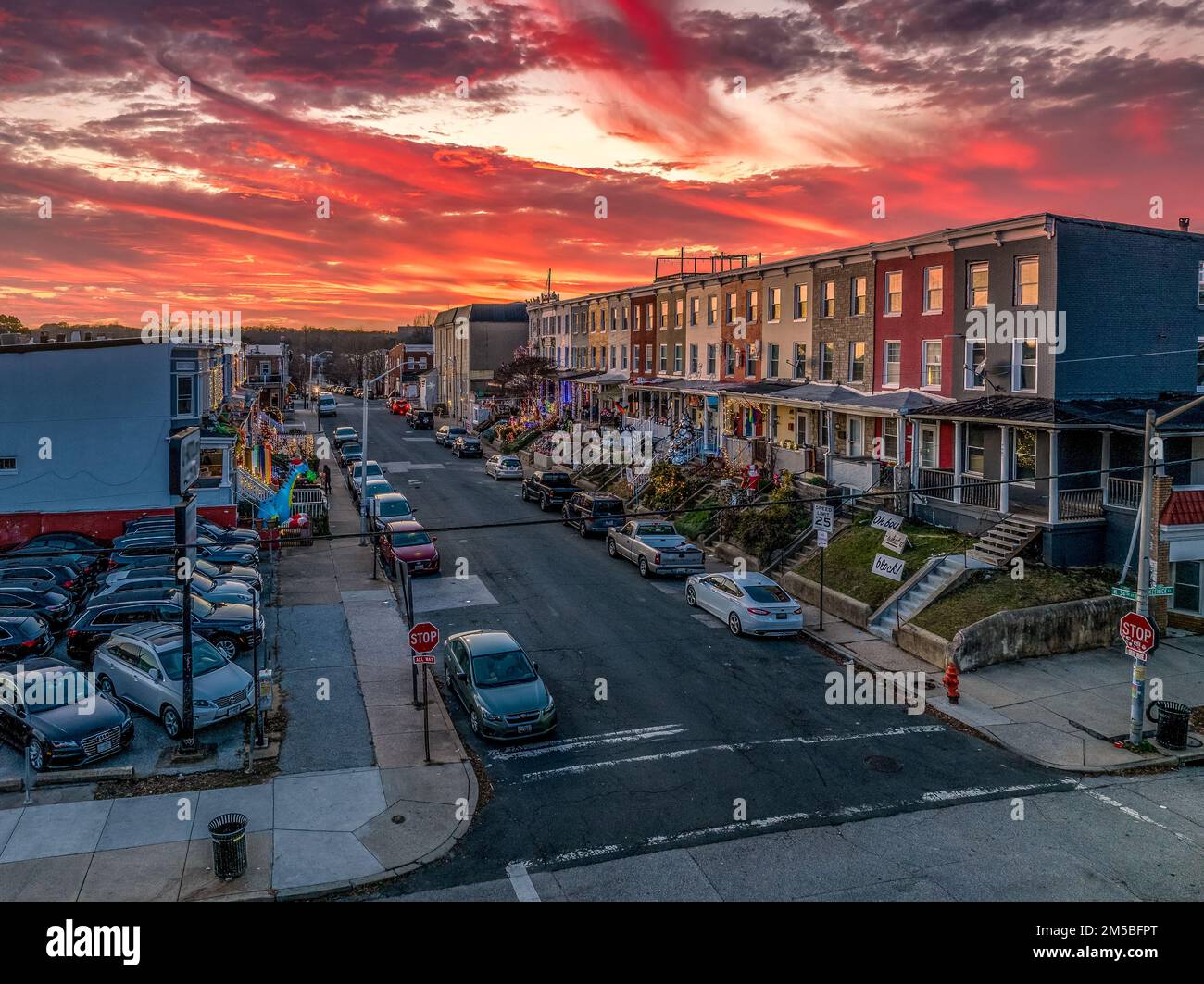 Aerial view of 34th street block row houses with famous Christmas