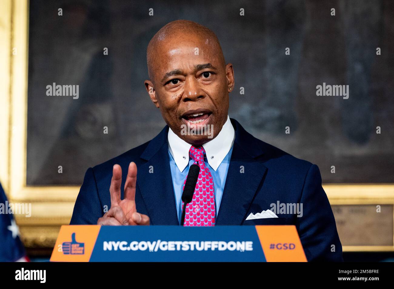 New York City Mayor Eric Adams (D) speaking to the press after a ...