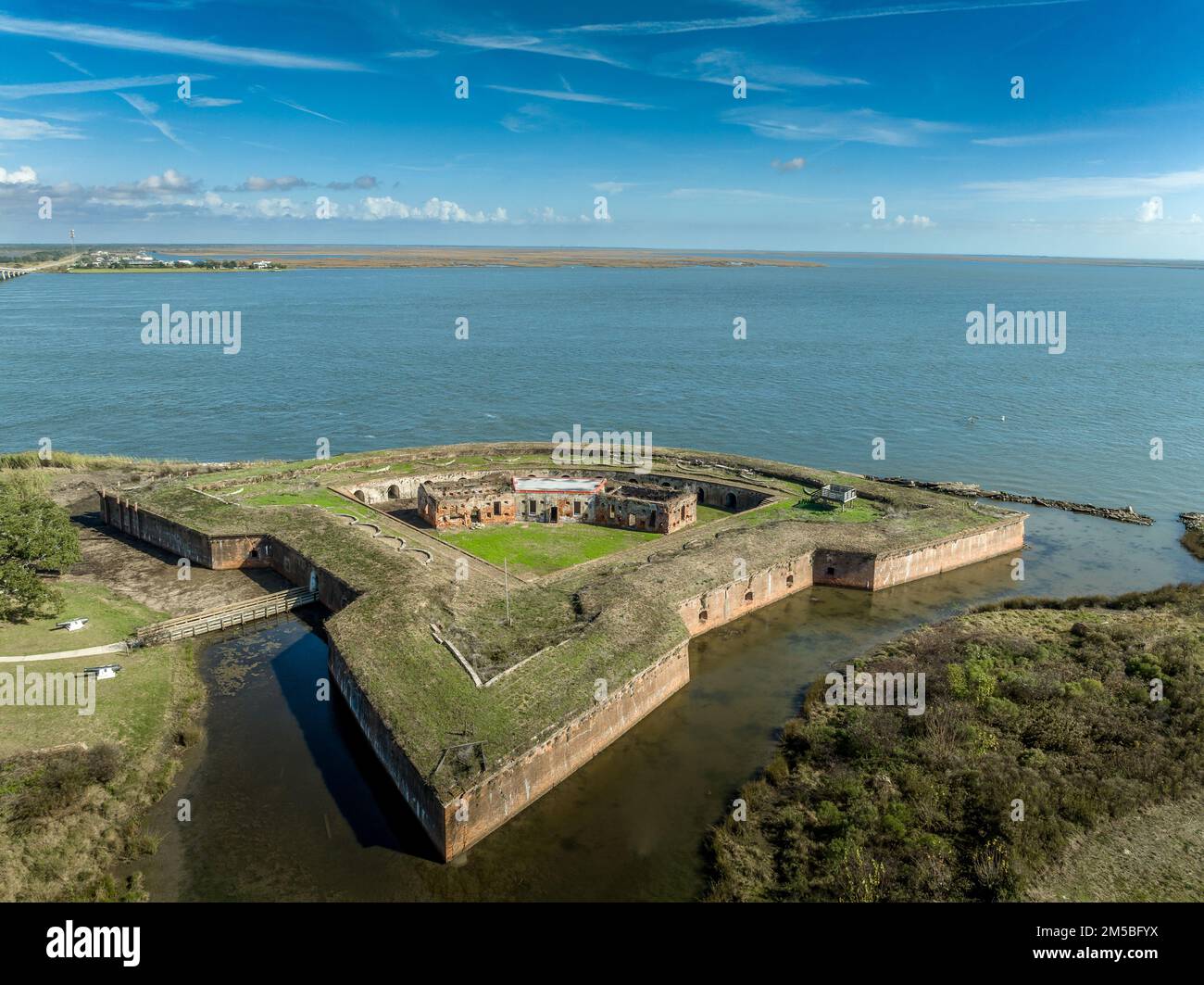Aerial view of Fort Pike National Historic Monument brick fort and Rigolet bridge in Louisiana Stock Photo