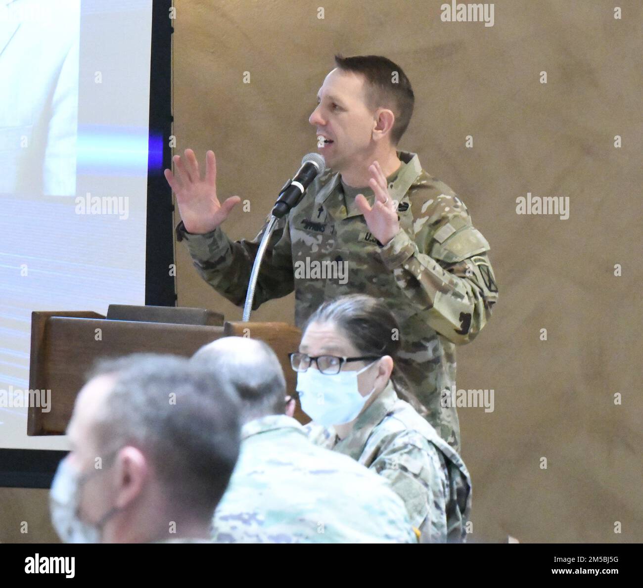 Chaplain (Lt. Col.) Matthew Atkins, 10th Mountain Division (LI) chaplain, thanked everyone for attending the spiritual readiness breakfast at the Commons on Feb. 23, and shared some thoughts on suicide prevention. (Photo by Mike Strasser, Fort Drum Garrison Public Affairs) Stock Photo