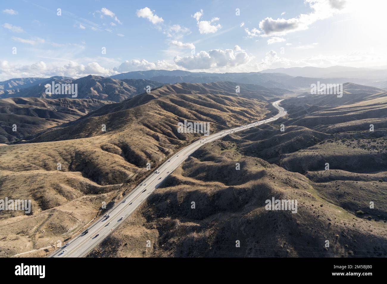Aerial view of the 14 freeway near Agua Dulce, Santa Clarita and Los Angeles California. Stock Photo