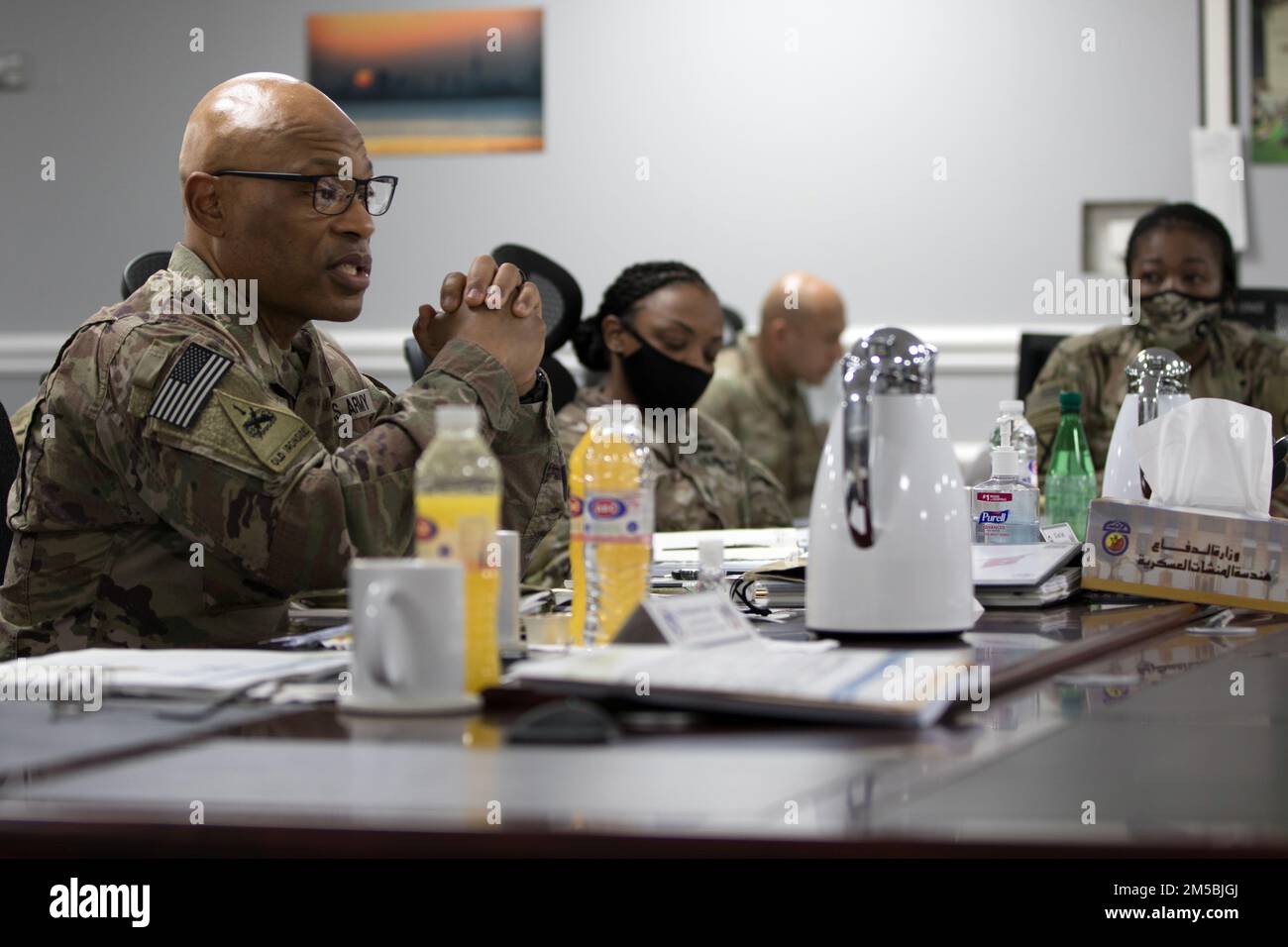 Maj. Gen. Michel M. Russell Sr., the commanding general of 1st Theater Sustainment Command, leads a conversation on suicide prevention during the second day of a commanders conference on Feb. 23, 2022, at Camp Arifjan, Kuwait. Russell hosted the conference to inspire unity and collaboration among the unit command teams responsible for carrying out the 1st TSC’s mission throughout the U.S. Central Command area of responsibility. Stock Photo