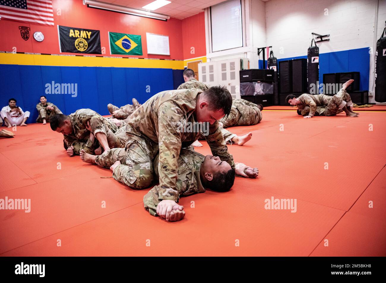 Soldiers conduct combatives training during a weeklong Level One Combatives Certifiction Course on Fort Bragg, N.C, Feb. 23, 2022. Once each Soldier passes the course successfully, they will receive a certification that allows them to train others in combatives. Stock Photo