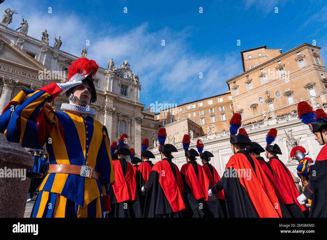Italian Carabinieri march in line before Pope Francis delivers his Christmas 'Urbi et Orbi' Blessing. Stock Photo