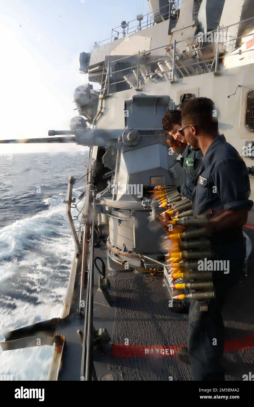 INDIAN OCEAN (Feb. 23, 2022) Sailors load tracer shells on the weather ...