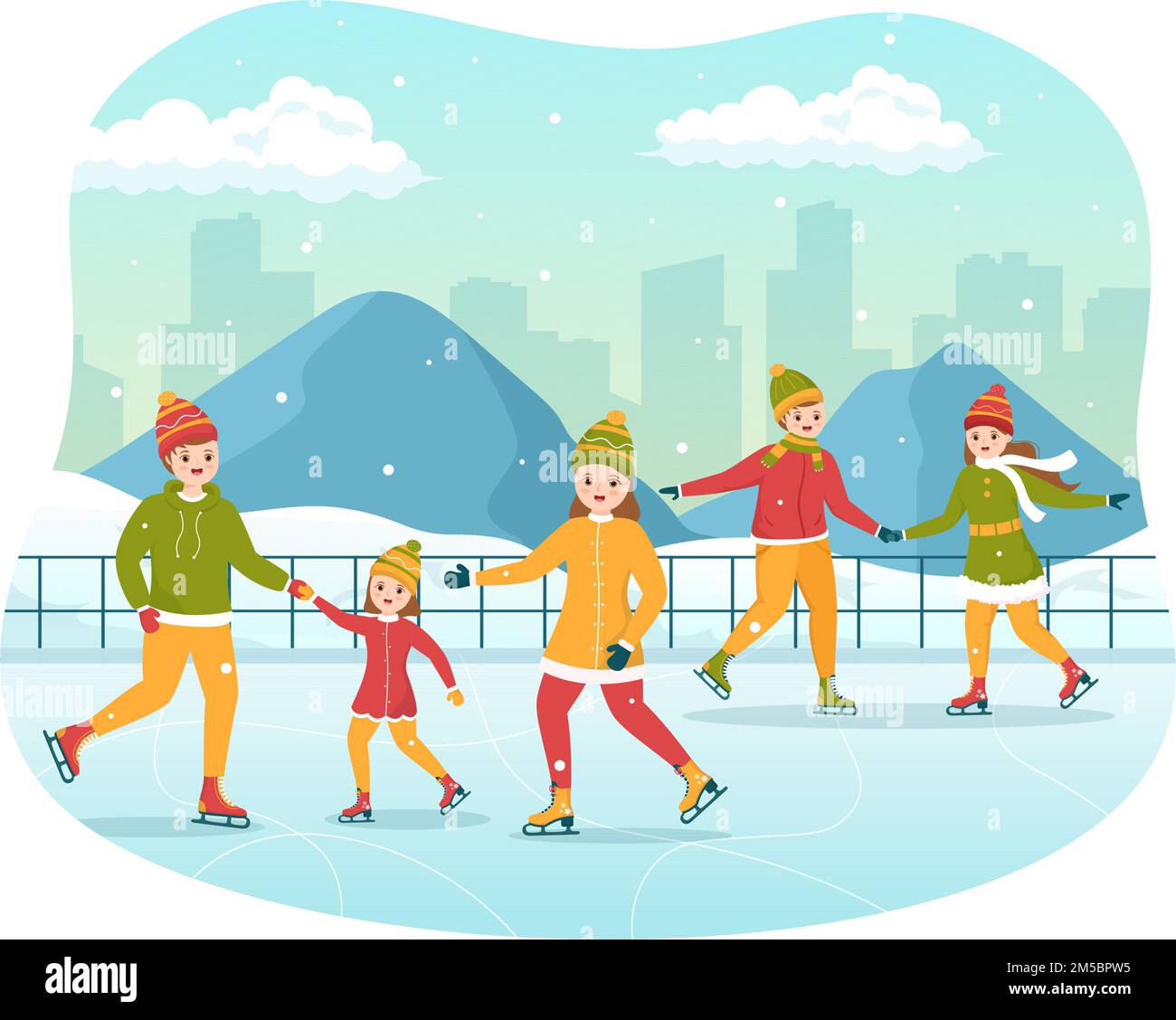 Men, Women and Kids Skating on Ice Rink Wearing Winter Clothes for Outdoor Activity in Flat Cartoon Hand Drawn Templates Illustration Stock Vector