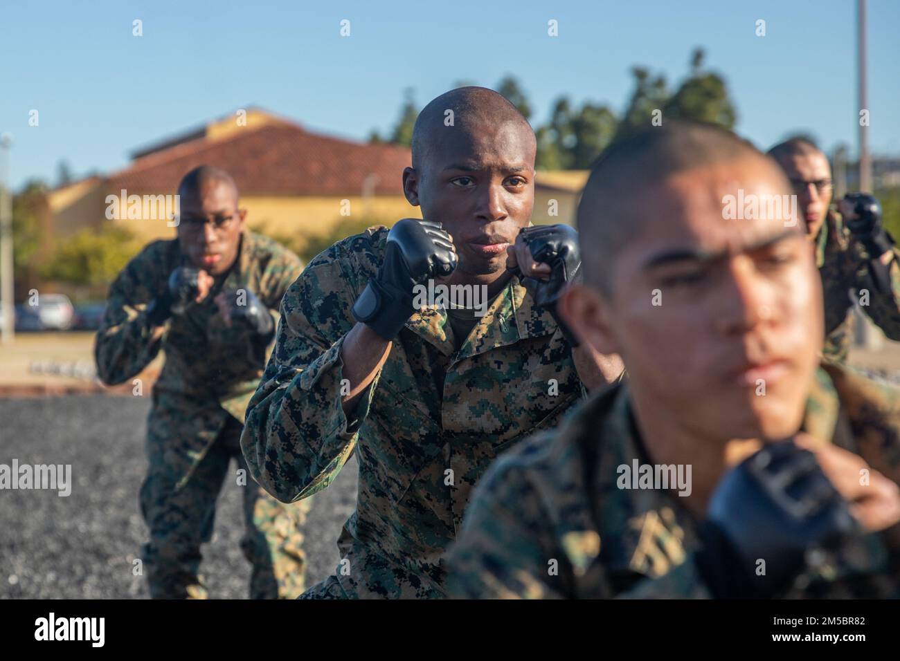 A recruit from Mike Company, 3rd Recruit Training Battalion, applies a choke  hold during a Marine Corps Martial Arts Program test at Marine Corps  Recruit Depot San Diego, July 20. The recruits