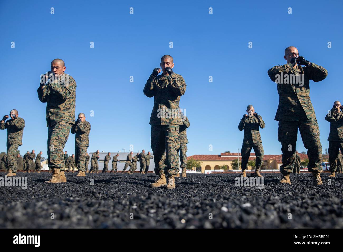 A recruit from Mike Company, 3rd Recruit Training Battalion, applies a choke  hold during a Marine Corps Martial Arts Program test at Marine Corps  Recruit Depot San Diego, July 20. The recruits