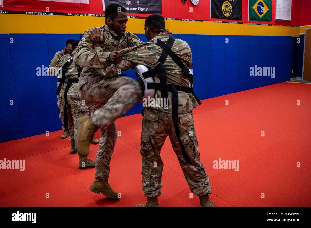 Soldiers conduct combatives training during a weeklong Level One Combatives Certifiction Course on Fort Bragg, N.C, Feb. 25, 2022. Once each Soldier passes the course successfully, they will receive a certification that allows them to train others in combatives. Stock Photo