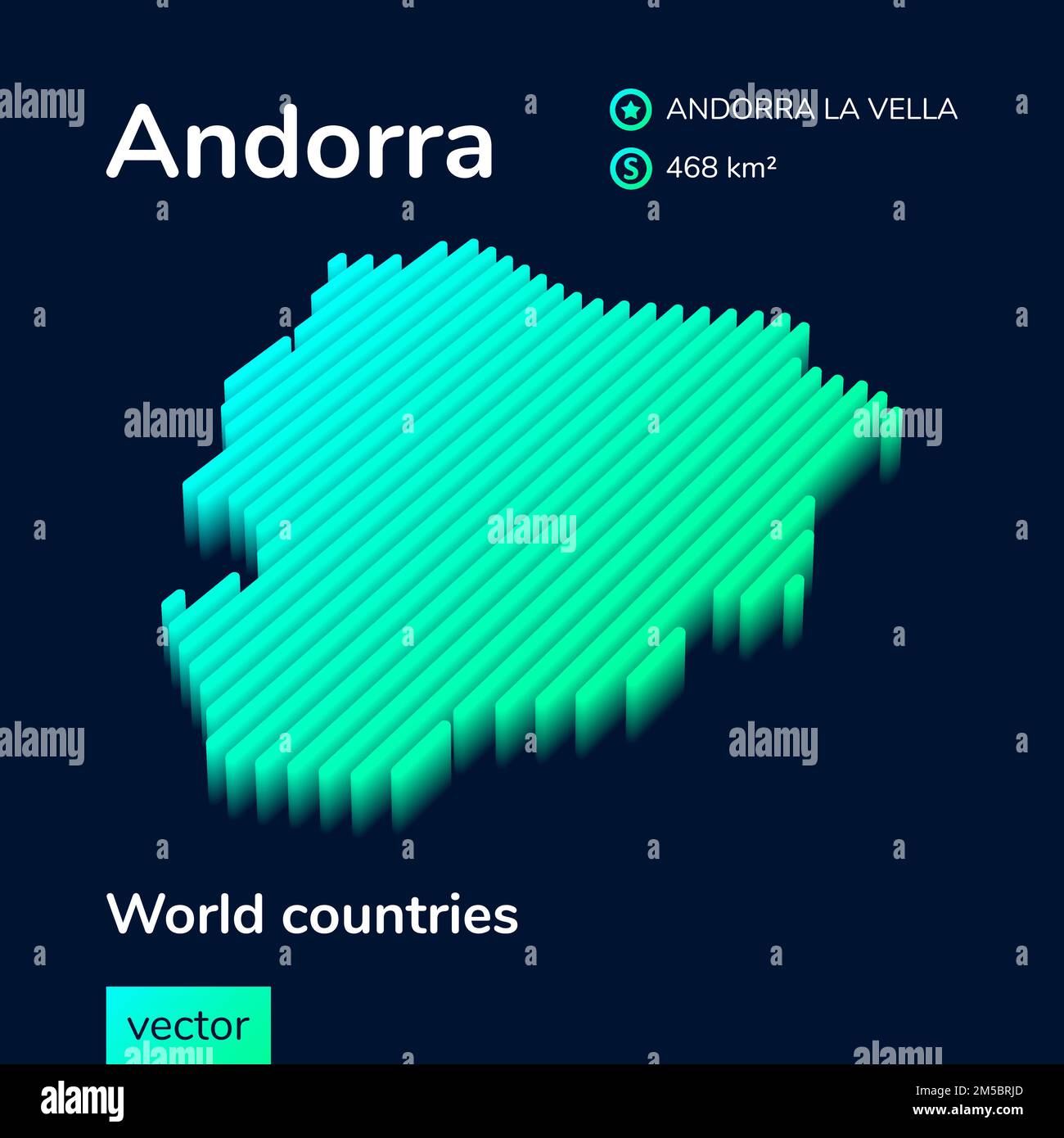 Andorra 3D map. Stylized neon digital isometric striped vector Map