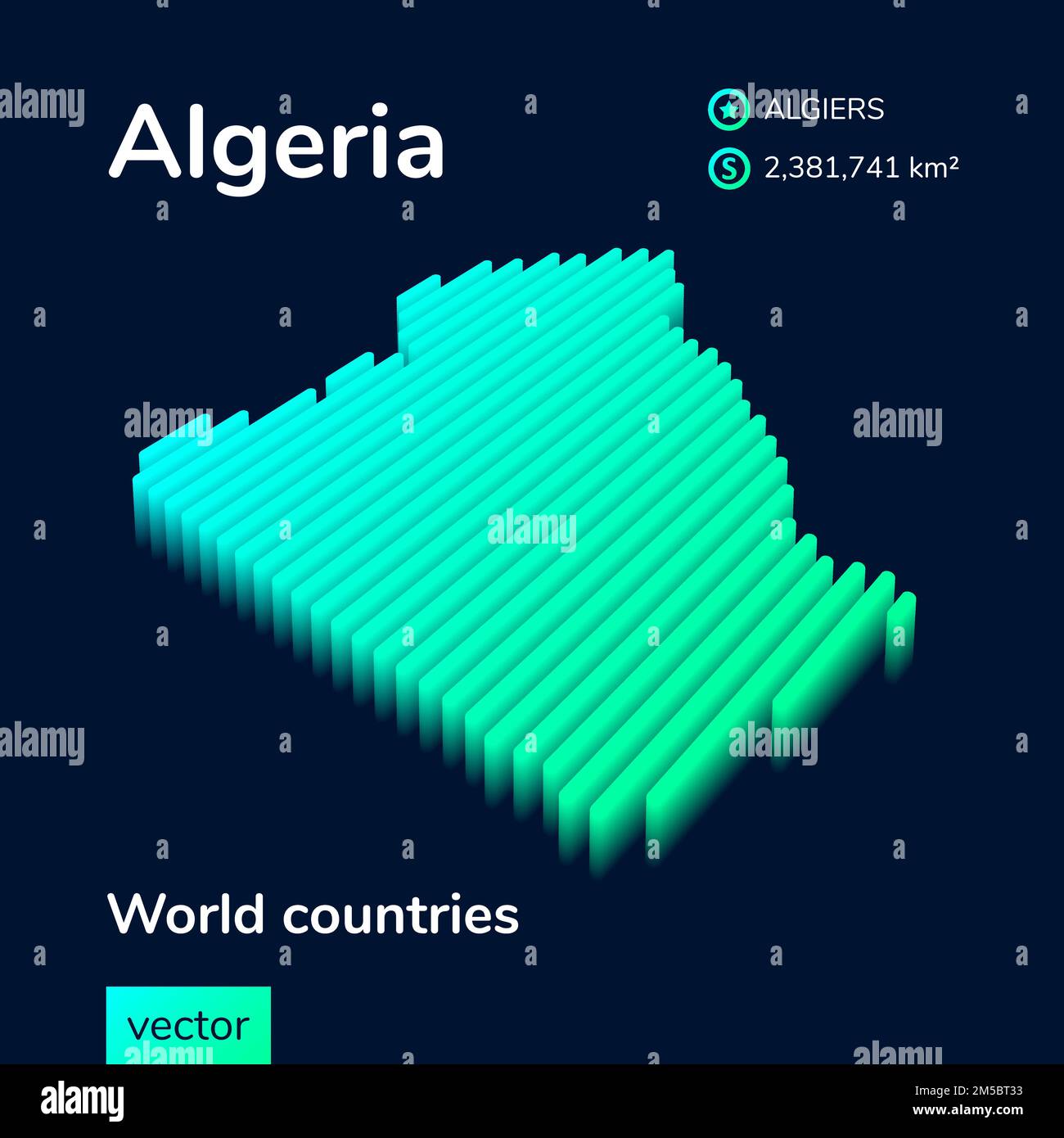 Stylized neon digital isometric striped vector Algeria map with 3d effect. Map of Algeria is in green and mint colors on the dark blue background Stock Vector