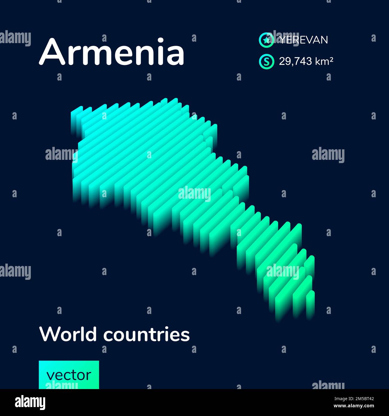 Armenia 3D map. Stylized neon digital isometric striped vector Map of Armenia is in green and mint colors on the dark blue background Stock Vector