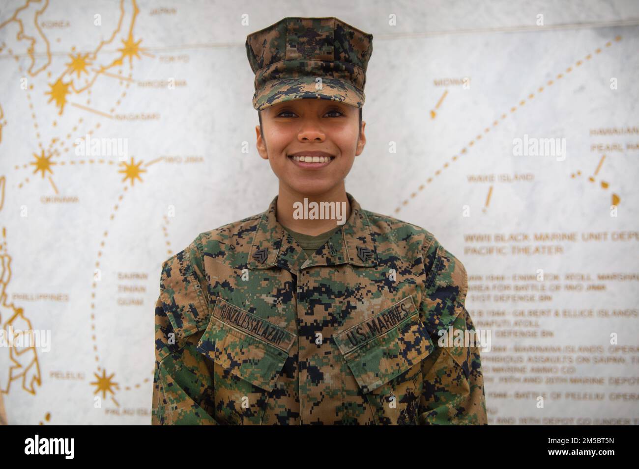 U.S. Marine Corps Sgt. Azucena GonzalesSalazar, supply fiscal chief for 2nd Intelligence Battalion, II MEF Information Group (MIG), poses for a photo, Camp Lejeune, North Carolina, Feb 28, 2022. Sgt. Azucena GonzalesSalazar was meritoriously promoted to the rank of sergeant by II MIG, having stood out amongst her peers and demonstrated exceptional performance of her duties. Stock Photo