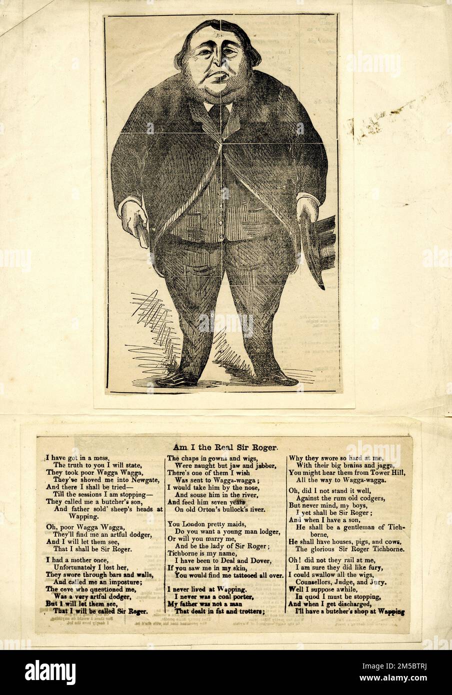 Poem entitled Am I the real Sir Roger and etching portrait related to the Tichborne Claimant case in Australian in the 19th century. Orton, a butcher in Wagga Wagga, Australia, claimed to be Sir Roger Tichborne, who had been presumed lost at sea in 1854. Although Lady Tichborne, some other family members, and associates—over one hundred individuals—accepted him and initially supported his claim, Orton lost an 1871 trial over the Tichborne inheritance. He was then arrested on a charge of perjury, and, after a second trial, was convicted in 1874 and served ten years in prison. He died, impoveris Stock Photo