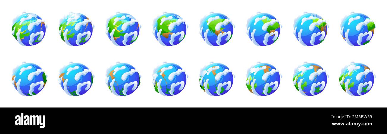 Earth globe rotation. Icons of world, planet from different views ...