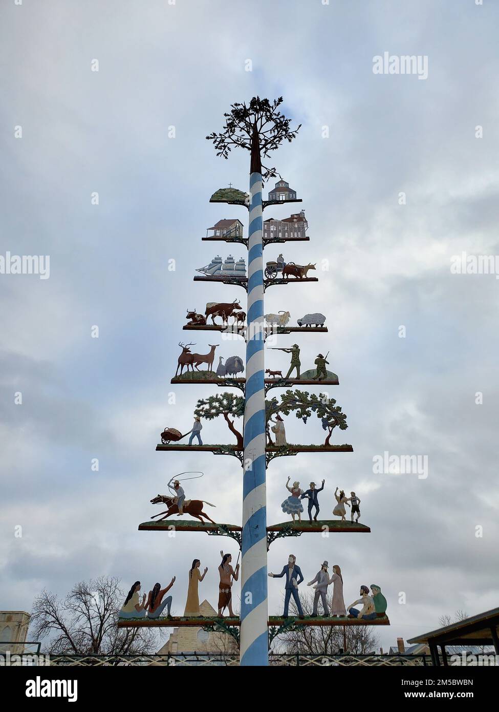 Maibaum or Maypole in Marktplatz in Fredericksburg, Texas. Oktoberfest and the town's history are featured. Stock Photo