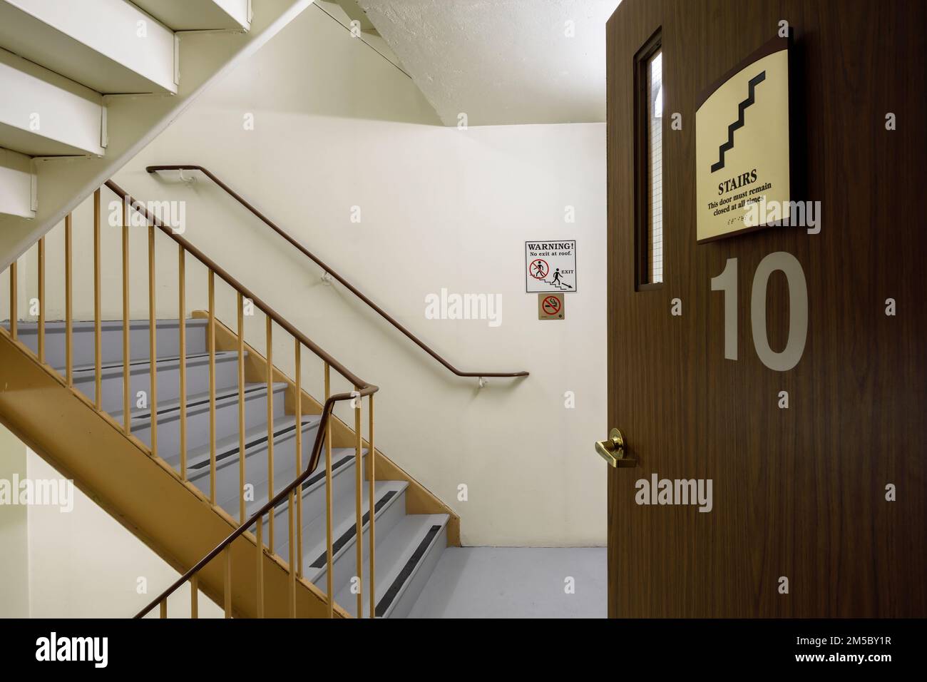 A staircase inside the now demolished Holiday Inn Yorkdale Hotel in Toronto, Ontario, Canada. Stock Photo