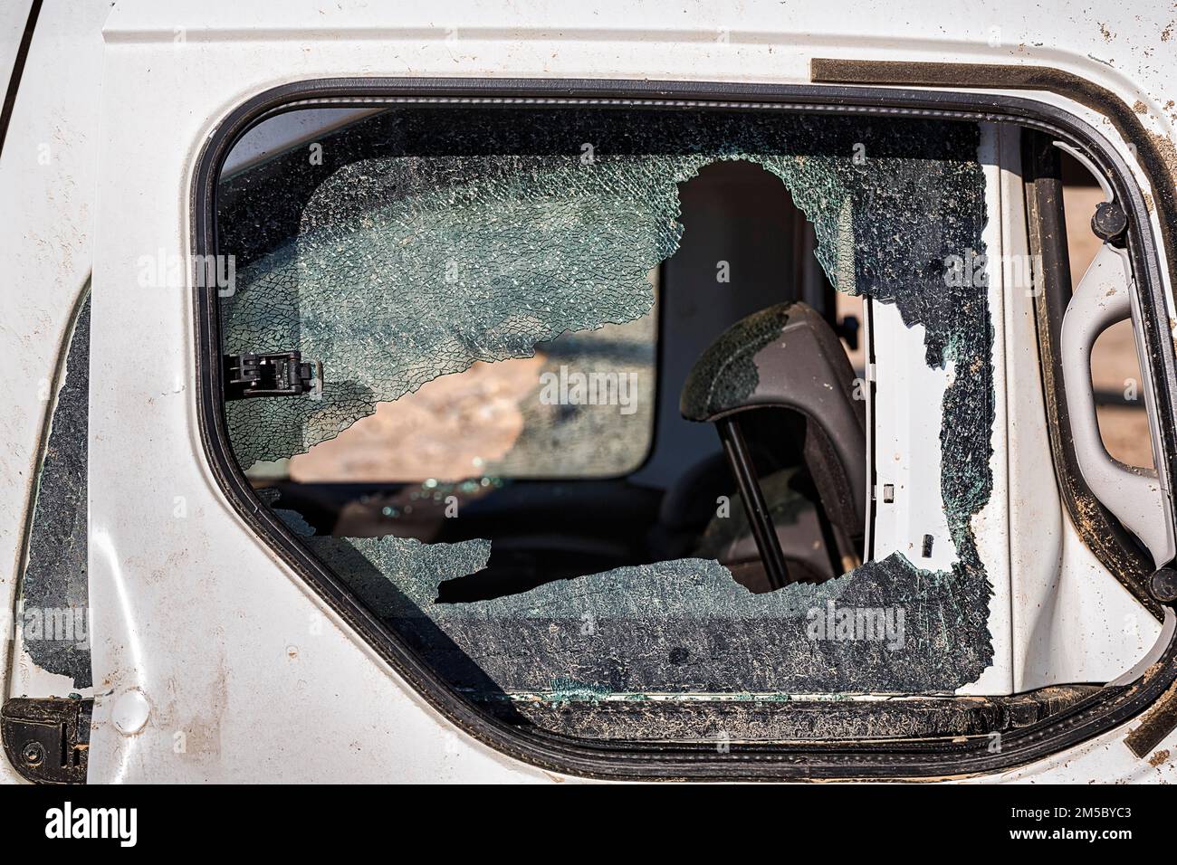 Car, shattered window, side window, total loss after flood, flood damage after flood disaster in Almeria, severe weather 2012, Andalusia, Spain Stock Photo