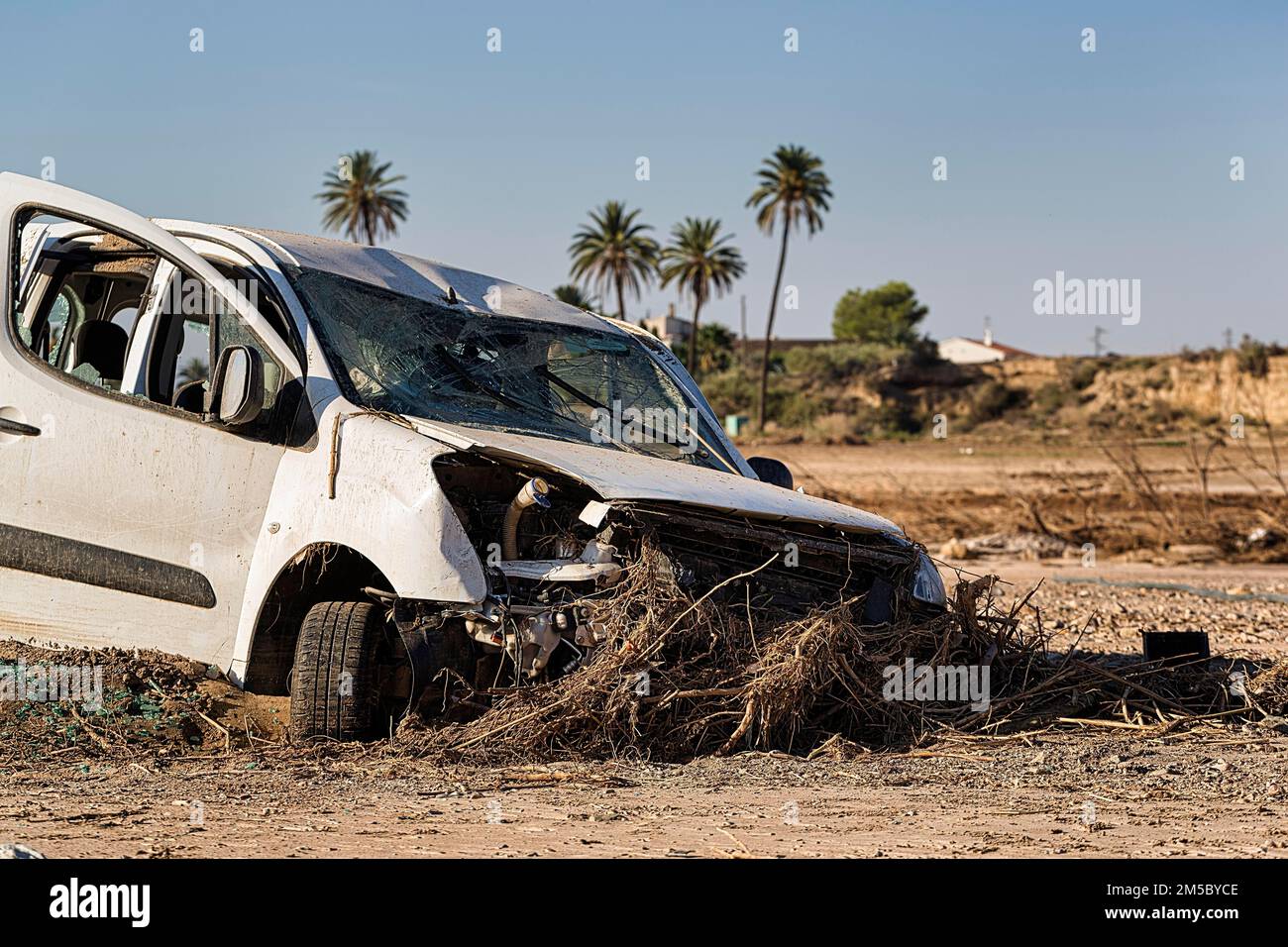 Car, total loss after flood, flood damage after flood disaster in Almeria, storm 2012, Andalusia, Spain Stock Photo
