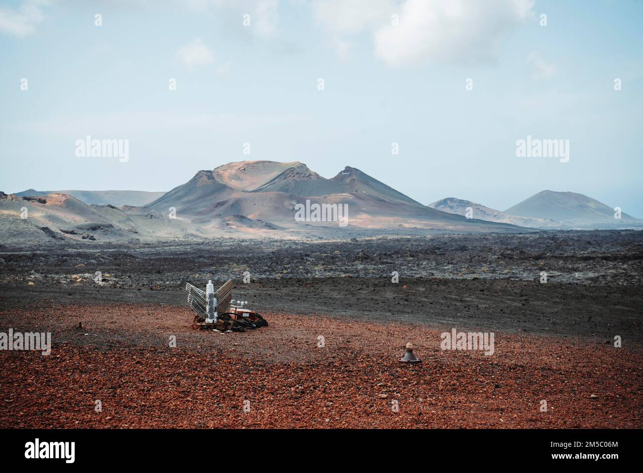 Timanfaya National Park landscape with an equipment measuring volcano's heat, Lanzarote, Canary Islands, Spain Stock Photo
