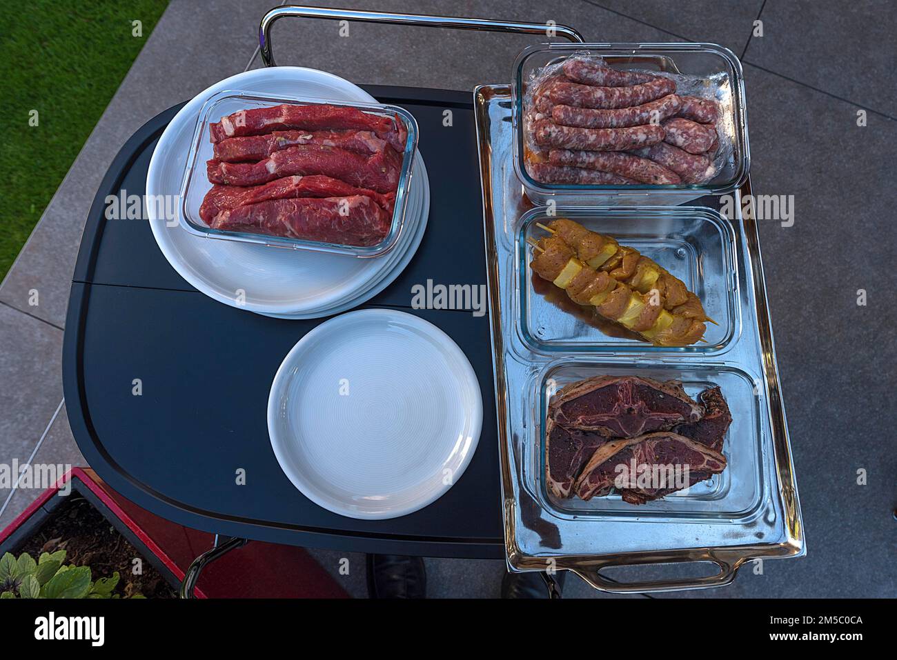 Various meats prepared for grilling, Bavaria, Germany Stock Photo
