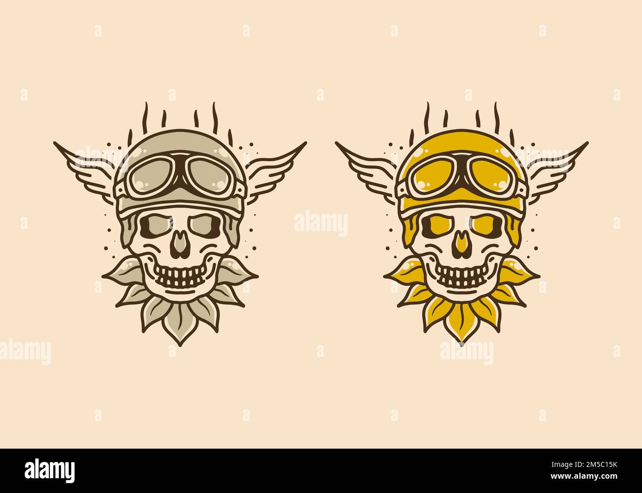 Vintage art illustration design of skull wearing a helmet and goggles with wings on the sides Stock Vector