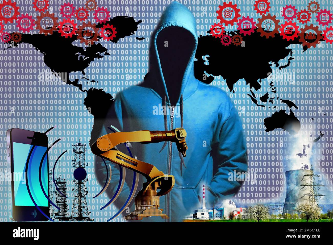Symbolic image, cyber security, cyber attacks worldwide, computer crime, digital IT attacks, economy, energy economy, nuclear power plants, society Stock Photo