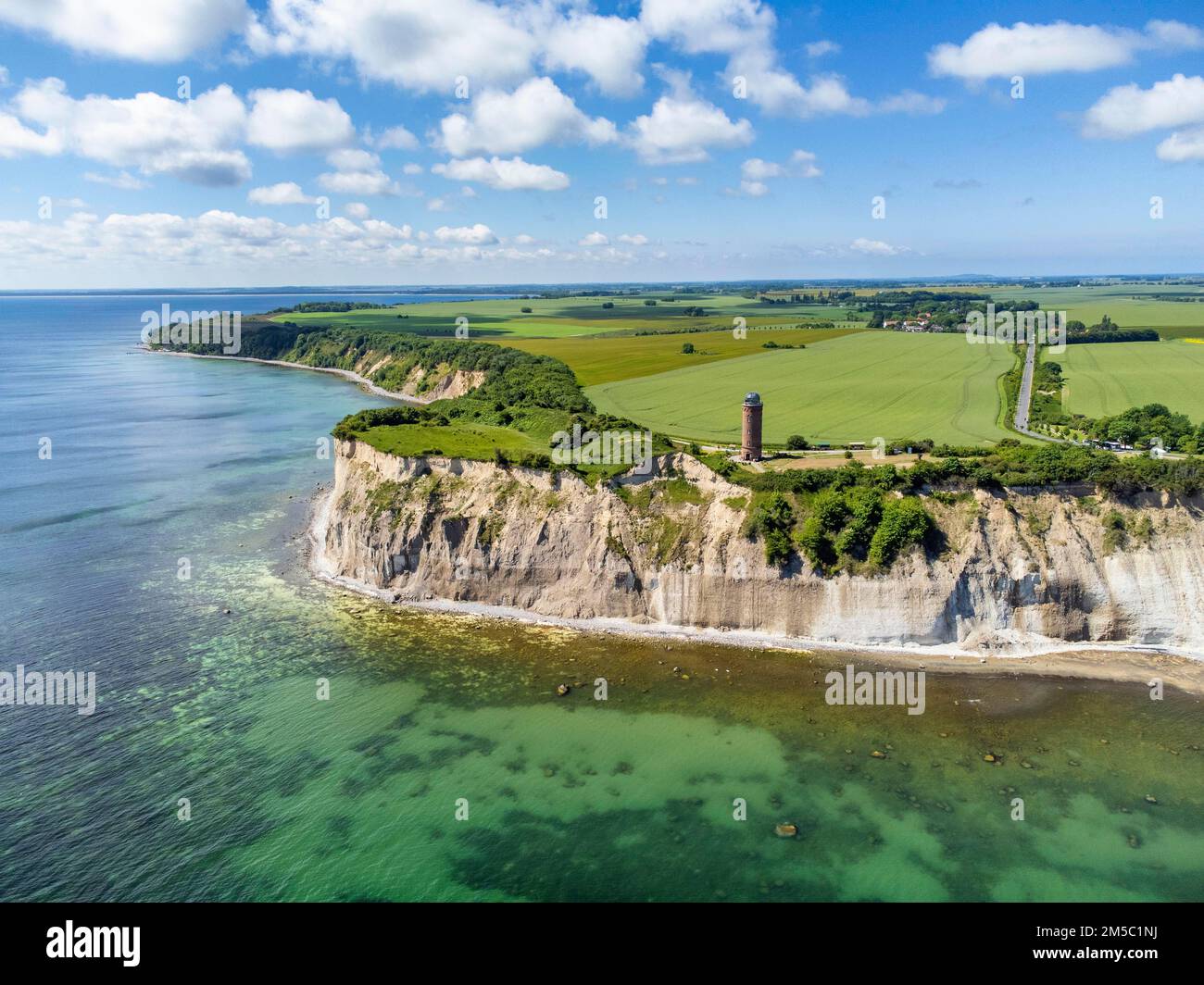 Aerial view of Cape Arkona with chalk cliffs and bearing tower, Putgarten, Ruegen Island, Mecklenburg-Western Pomerania, Germany Stock Photo