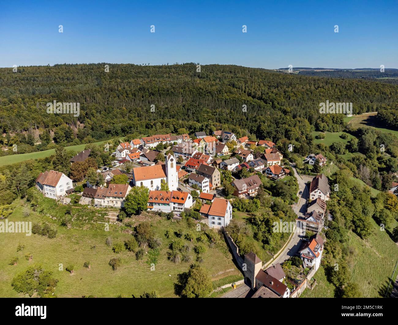 Aerial view of the historic old town of Aach im Hegau, Constance district, Baden-Wuerttemberg, Germany Stock Photo