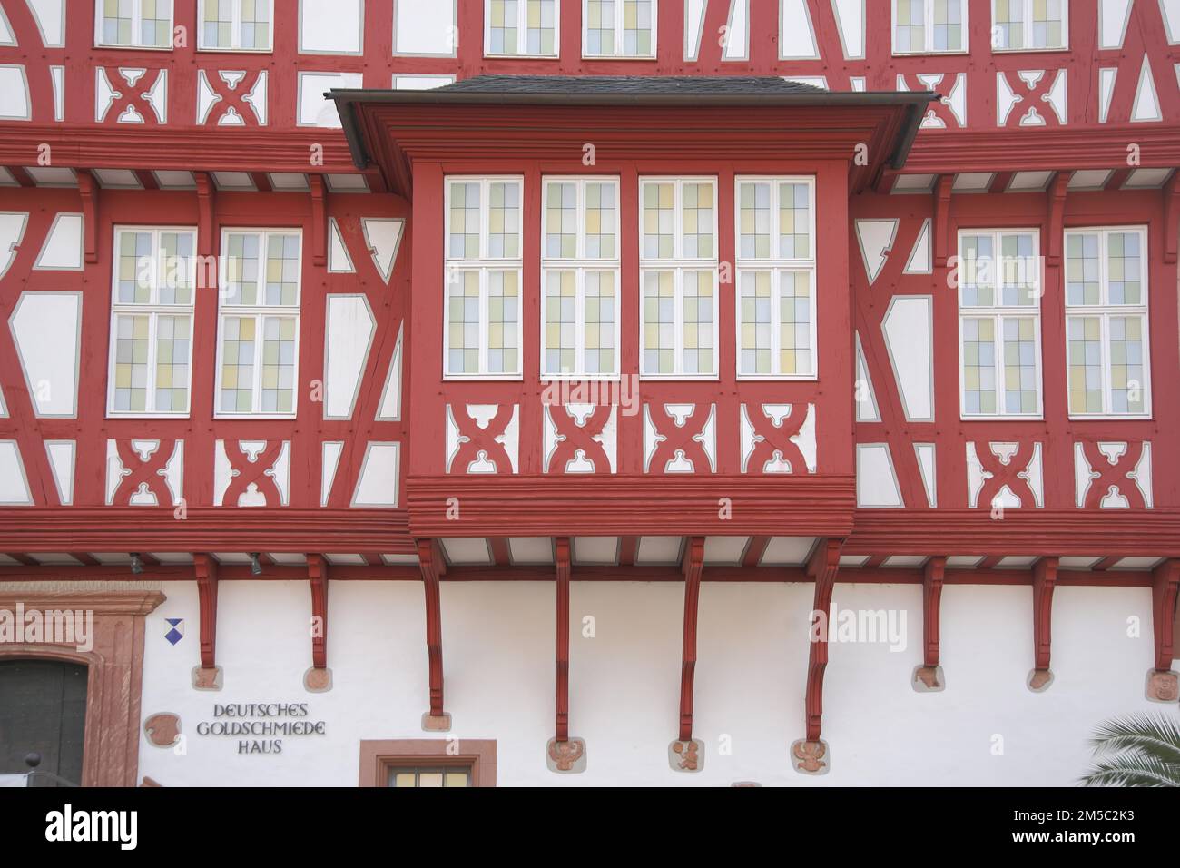 Bay window of the German Goldsmith's House with inscription, Altstaedter Markt, Hanau, Hesse, Germany Stock Photo