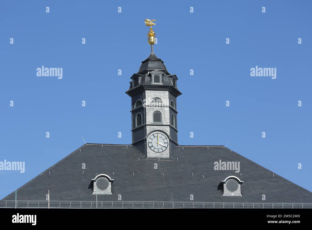 Roof with spire of Neustadt town hall, slate roof, market square, Hanau, Hesse, Germany Stock
