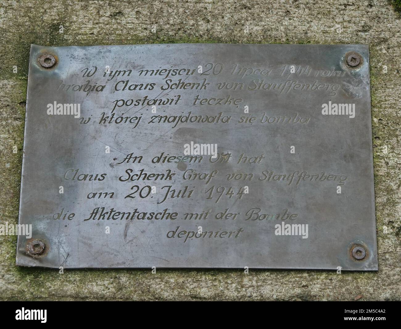 Memorial plaque for the Hitler assassin Claus Schenk Graf von Stauffenberg at the Wolf's Lair (also Wolfschanze or Goerlitz), the military situation Stock Photo