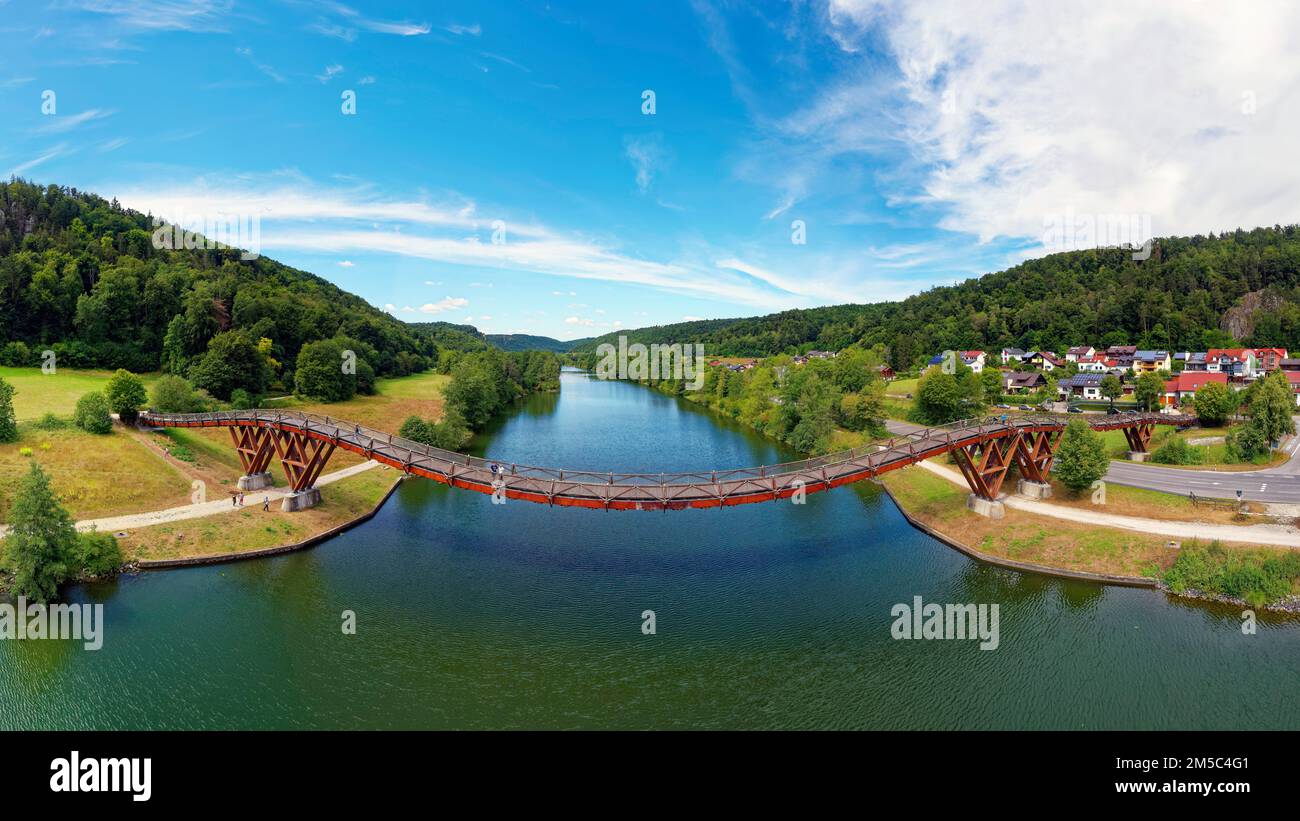 Aerial view, wooden span bridge, 190 metres long, also called Tatzelwurm, wooden bridge over Main-Danube-Cana, Markt Essing, Altmuehltal, Lower Stock Photo