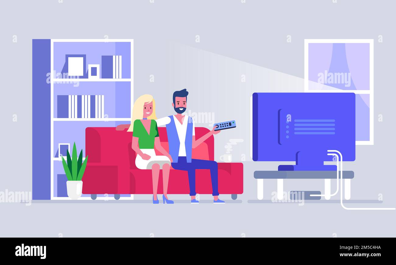 Young couple watching a movie. Man and woman sit on against the TV in the home atmosphere. Vector illustration in a flat style Stock Vector