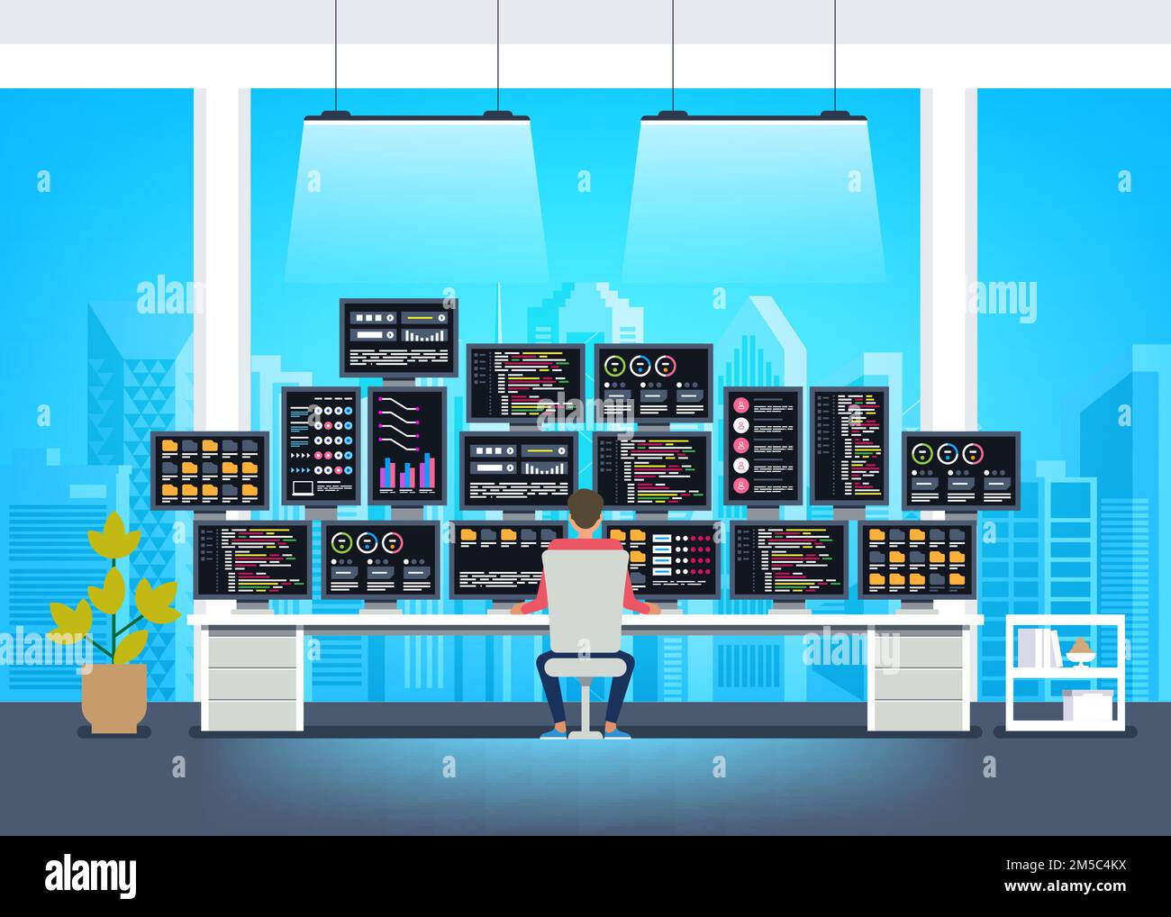 Professional programmer working writing code at his big desk with ...