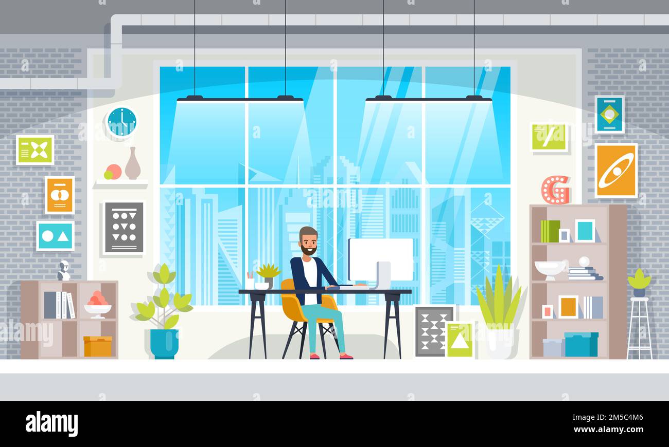 Office workplace with table, bookcase, window. Business man or a clerk working at office desk. Flat vector illustration. Stock Vector