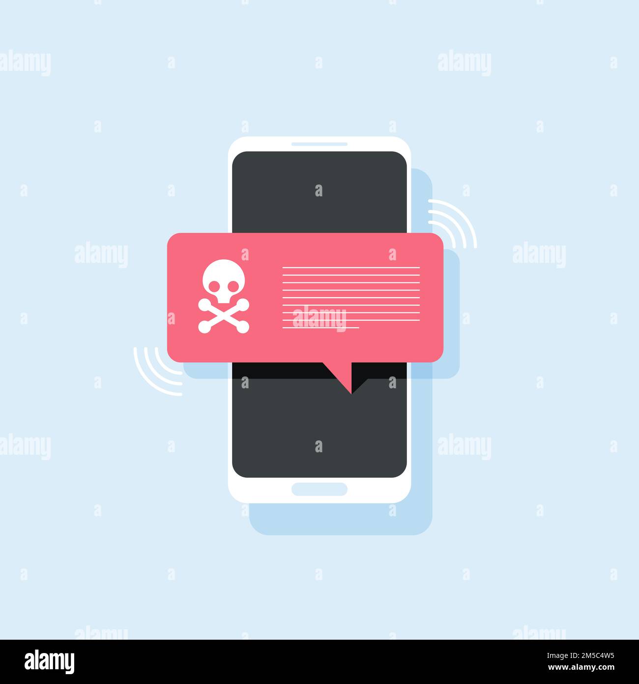 Malware notification on smartphone vector, flat style mobile phone with skull bones bubble speech red alert, concept of spam data, fraud internet erro Stock Vector