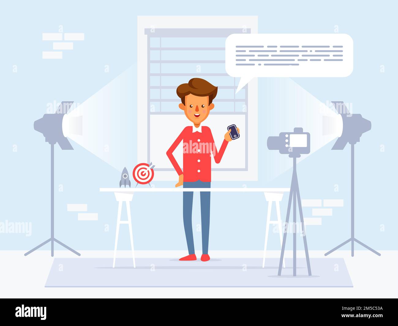 Vector flat style illustration of happy blogger man that records video blog. Vlog concept. Stock Vector