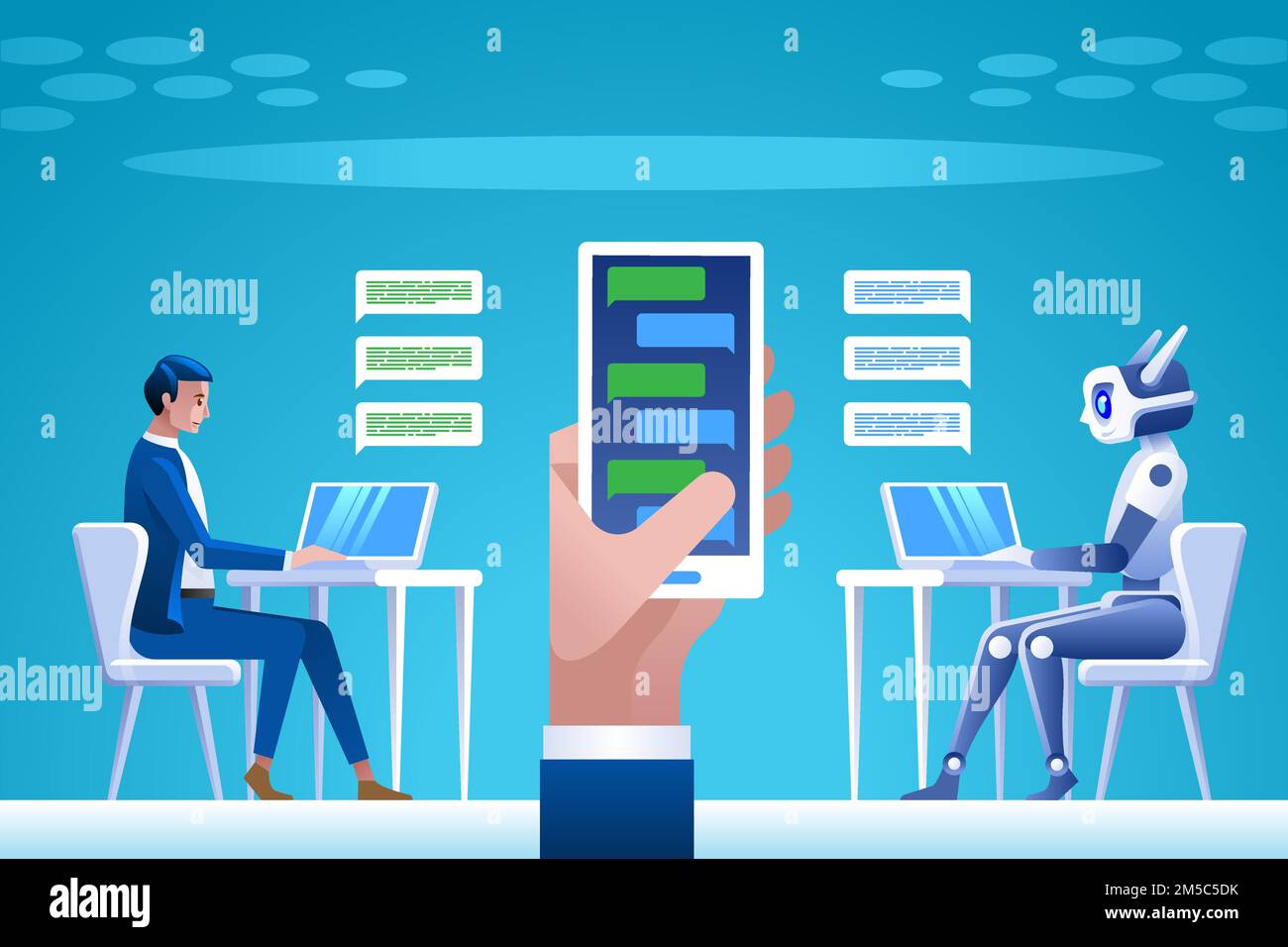 Chatbot concept. Man chatting with chat bot. Vector illustration