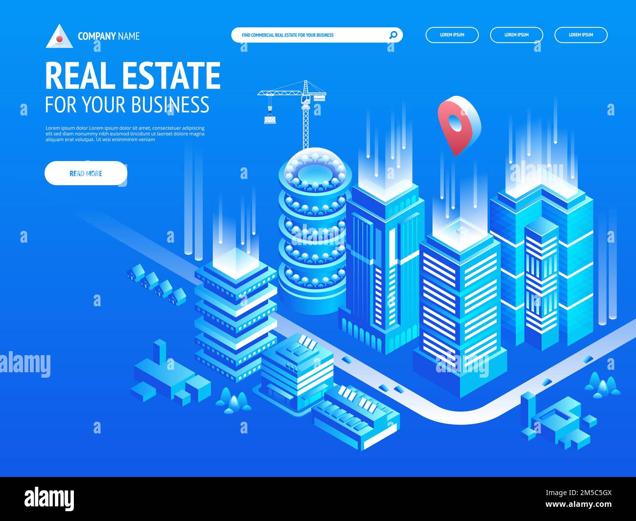 Сommercial real estate for your business. Choose criteria for office. Isometric vector illustation with buildings. Landing page template. Header for w Stock Vector